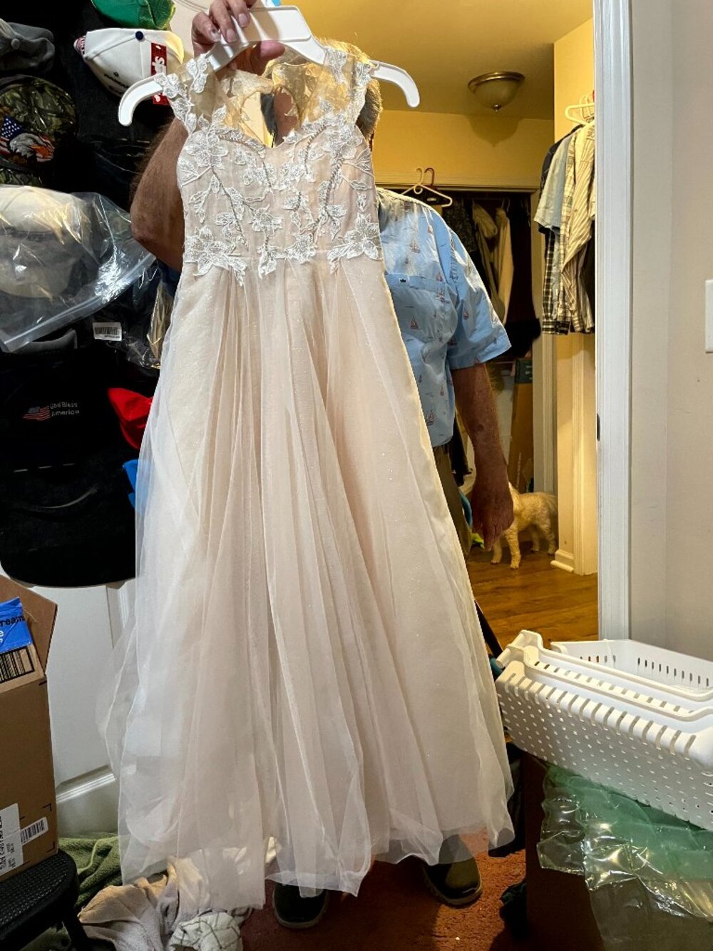 DAVID'S BRIDAL JUNIOR BRIDEMAIDS OR FLOWER GIRL ELEGANT DRESS IVORY AND GOLD GLI